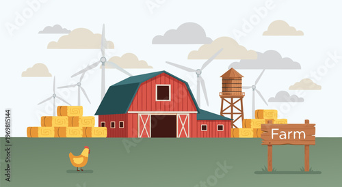 Vector illustration of a farm with barns, windmills, hay bales, and a chicken, representing agriculture and rural life