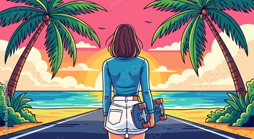 Summer Vibes and Skating Dreams A Vector Illustration of a Girl with a Skateboard on a Tropical Beach Road at Sunset