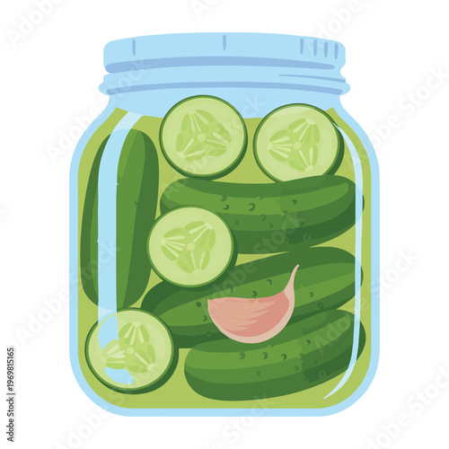 Jar of pickled cucumbers with garlic clove isolated on white background. Vector illustration of fermented green pickles in a glass mason jar. Healthy homemade pickled cucumbers in brine digital art. 