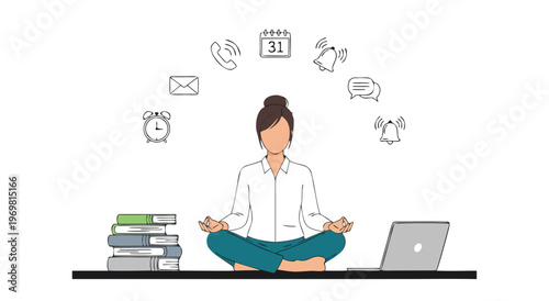 Calm Business Woman Meditating at Desk with Laptop and Productivity Icons - Vector Illustration