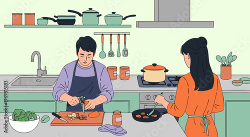 A charming vector illustration of a couple cooking together in a modern kitchen, enjoying quality time and healthy food