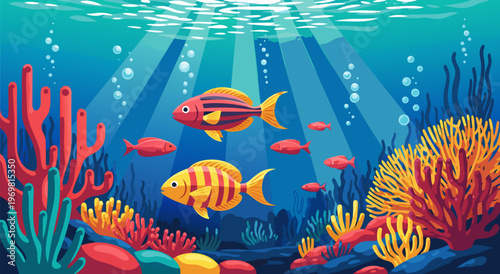 Vibrant underwater coral reef illustration with colorful fish and sunbeams, vector art for marine life and ocean exploration