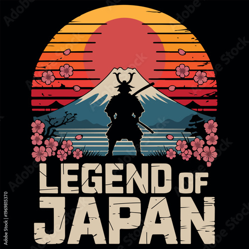 Legend of Japan Samurai Silhouette with Mount Fuji Illustration. Japanese Samurai Warrior with Rising Sun and Sakura Flowers Design. Vintage Style Samurai Silhouette Japan Landscape Illustration. 