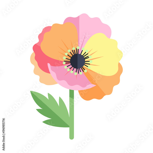 Colorful flower with green leaf flat png illustration