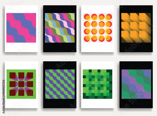 Geometric vector posters set with lines- modern geometric circles, semicircles , triangles pattern created with thick and bold dynamic lines for design. Shapes for posters and branding.
