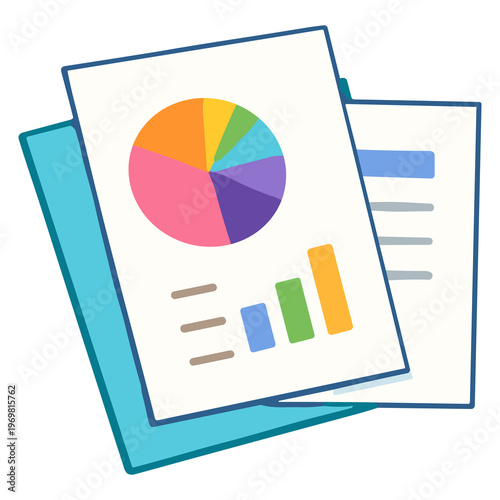 Colorful pie chart and bar graph on paper reports