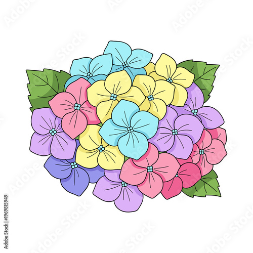 Cluster of colorful cartoon hydrangea flowers