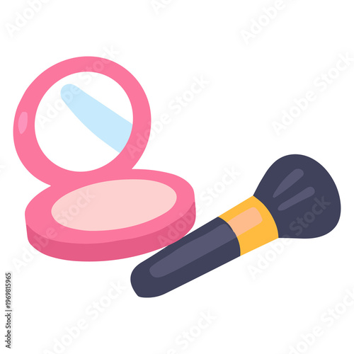Compact powder and makeup brush flat png illustration
