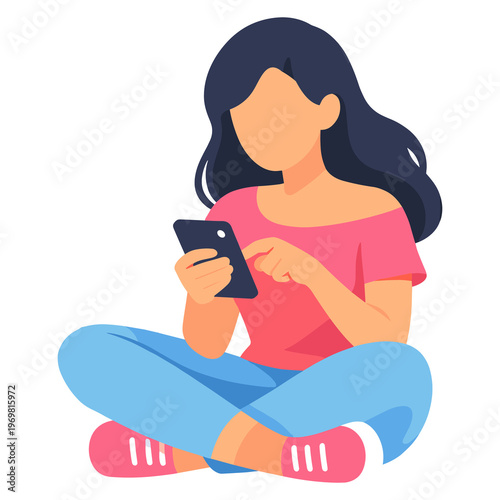 Young woman sitting cross-legged using smartphone flat vector