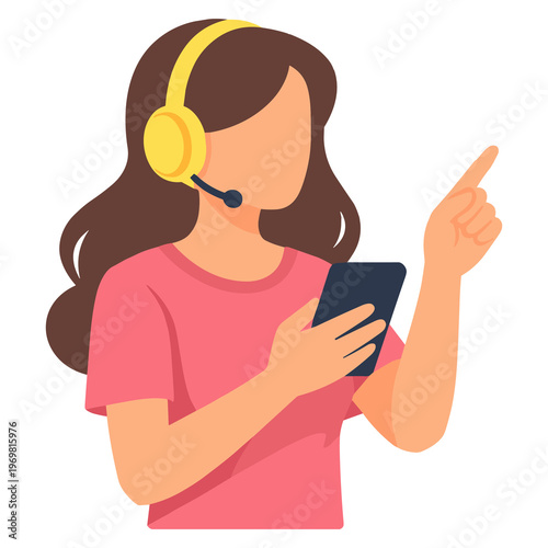 Woman wearing headset holding smartphone pointing finger