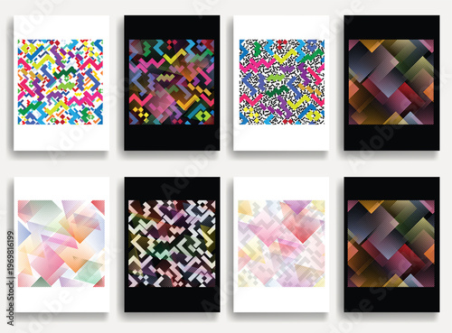 Geometric vector posters set with lines- modern geometric circles, semicircles , triangles pattern created with thick and bold dynamic lines for design. Shapes for posters and branding.
