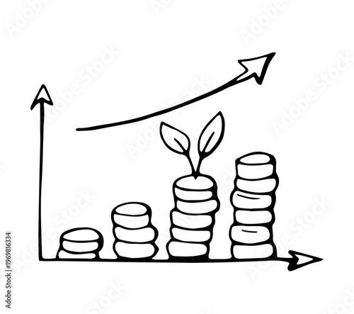 Hand Drawn Growing Coins with Plant Doodle Icon Investment Savings Financial Growth Illustration