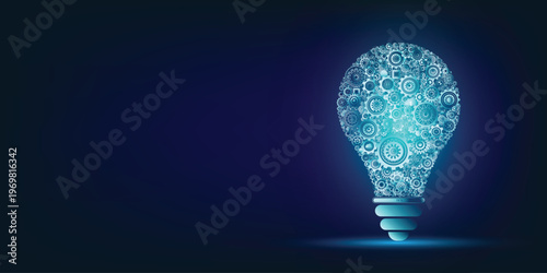 Background illustration features a light bulb shaped technology structure composed of numerous gears. concept of innovative, collaborative, systematic work. with copy space