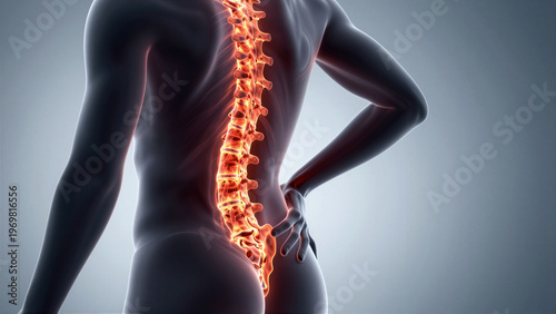 Human Male Torso with Glowing Spine Highlighting Back Pain and Spinal Inflammation