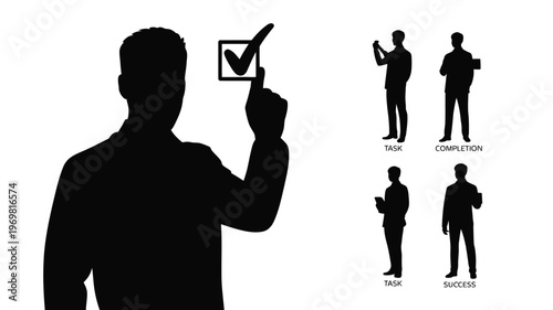 Team, Competition, Target, Success, Business silhouettes showing check mark validation and achievement concepts