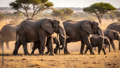 Wild elephants herd walking in Tarangire National Park savanna, Tanzania Africa wildlife photography