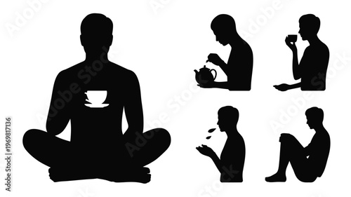 Tea, Meditation, Mindfulness, Relaxation, Lifestyle silhouettes showing person pouring, sipping, smelling, and holding a cup