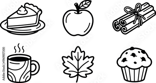 Black and white line art apple cinnamon muffin tea and pie icons