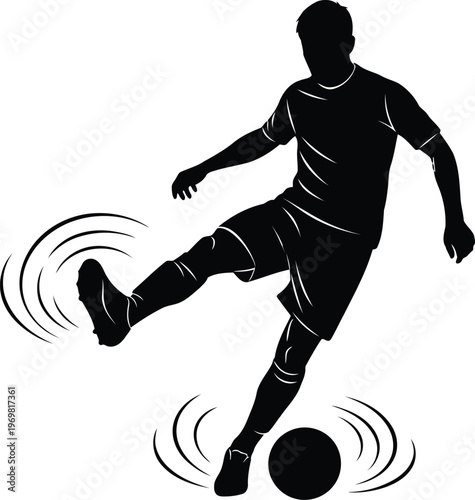Black silhouette of a male football player kicking a ball in a dynamic action pose