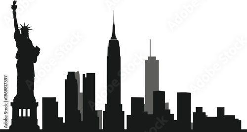 New York City skyline silhouette with Statue of Liberty and Empire State Building, iconic Manhattan skyscrapers urban landmark cityscape vector illustration for travel tourism design