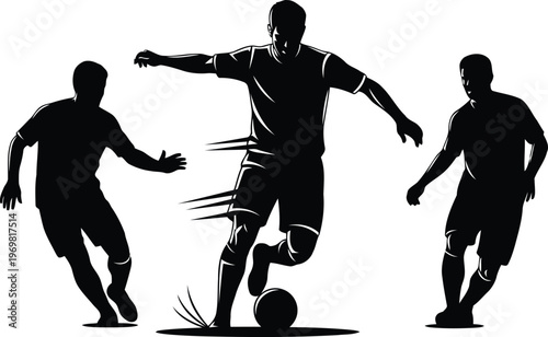 Dynamic black silhouette graphic of three soccer players in action with one dribbling a ball and the others defending