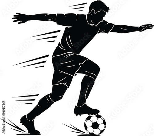 Dynamic black silhouette illustration of a soccer player dribbling a ball with motion lines indicating speed