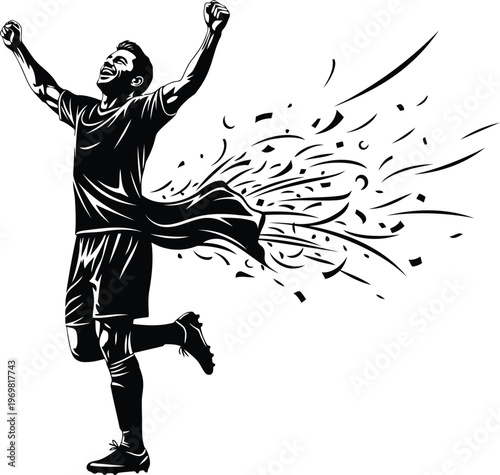 Dynamic illustration of a jubilant male soccer player with arms raised in celebration amidst flowing fabric and confetti