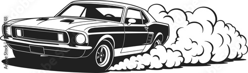 Classic muscle car drifting with smoke, vintage automobile speed racing illustration dynamic motion design