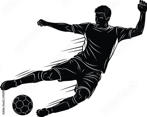 Dynamic black silhouette of a soccer player kicking a ball in midair with motion lines