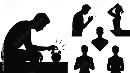 Morning, Routine, Stress, Wakeup, Lifestyle silhouettes showing alarm clock, tired person, and reflective poses