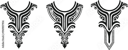 Set of ornamental neckline embroidery designs with ethnic floral and geometric patterns for garments.