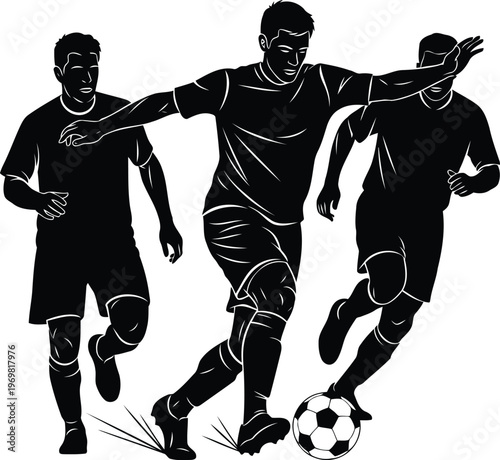 Dynamic illustration of three soccer players engaged in a fastpaced game with the ball