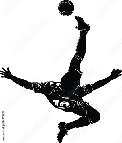 Dynamic silhouette of a football player performing an acrobatic bicycle kick with the ball isolated on transparent background