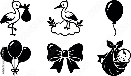Black and white baby arrival set with stork balloons and bow vector art