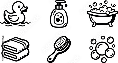 Black and white line art bath items with rubber duck soap dispenser and bubbles