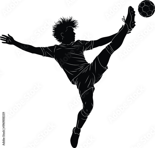 Dynamic silhouette of a soccer player executing a skillful bicycle kick with a football isolated on transparent background