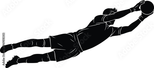 Dynamic silhouette of a soccer goalkeeper diving to catch the ball in midair during a match