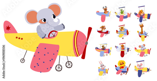 Adorable baby elephant waving from a cheerful yellow airplane with a star. Perfect for safari parties and gentle baby boys. Hand-drawn cartoon illustration