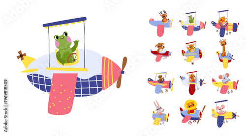 Funny frog pilot waving from a unique airplane with a blue plaid tail. Perfect for pond-themed parties and adventurous kids. Cute cartoon style