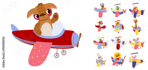 Brave dog  pilot in a classic red biplane, perfect for little aviators and boys adventure themes. Cute hand-drawn children's illustration