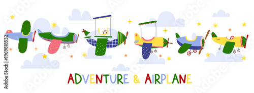 Adventure and Airplane Header with Colorful Planes and Clouds for Travel Themed Birthday Banner Kids Room Decoration and Nursery School Event Poster
