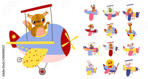 Energetic squirrel pilot in a cool blue biplane, great for jungle parties and adventurous boys. Cute cartoon illustration on white background