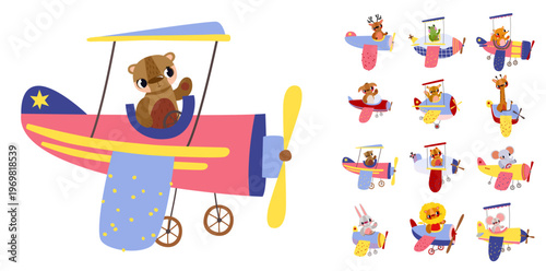Soft brown bear pilot in a sweet pink biplane, perfect for girls adventure themes, first birthday and baby showers. Cute hand-drawn cartoon illustration