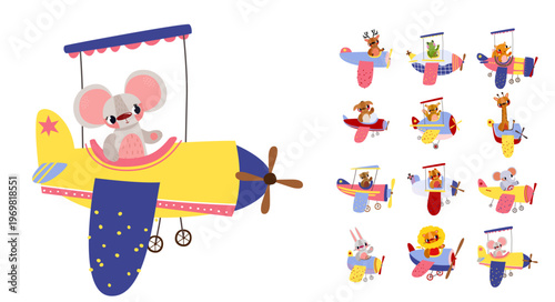 Sweet baby mouse pilot waving from a cozy yellow airplane with a sun shade. Ideal for tiny adventures and gentle nursery decor. Cute cartoon style