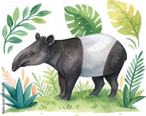 Watercolor Tapir Clipart, Tropical Rainforest Animal Illustration, Isolated on White