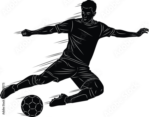 Dynamic silhouette of a soccer player kicking a ball in midair with motion blur effect