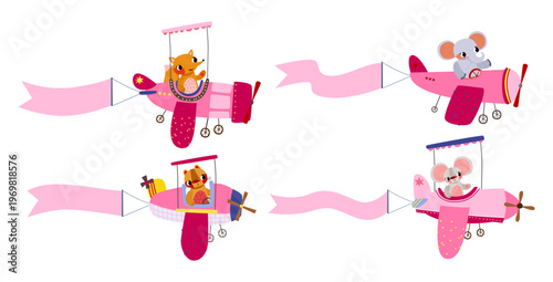 Pink Airplane Collection with Cute Animals for Baby Girl Shower Graphics Little Pilot Birthday Invitations and Pastel Nursery Wall Sticker Design