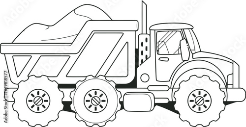 Line art illustration of a dump truck with large wheels