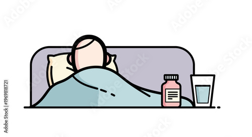 Person resting in bed with medicine and water on bedside table  