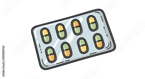 Cartoon illustration of multicolored medication pills in a blister pack  